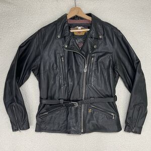 Harley Davidson Black Leather Riding Jacket Large Belted Lined Lightweight Biker